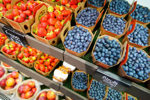 Baskets of strawberries and blueberries
